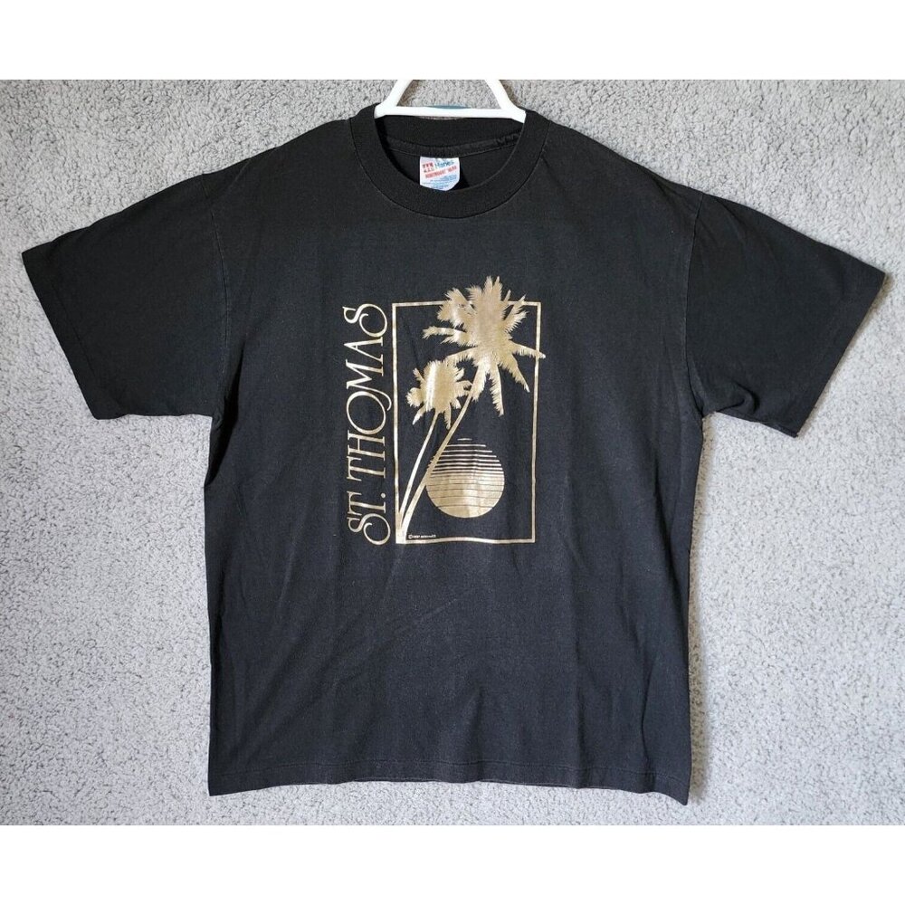 VTG 1987 St. Thomas Black Short Sleeve Single Stitch T Shirt Size Large USA Made
